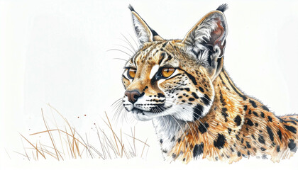 Fototapeta premium Detailed colored pencil drawing of a caracal, showcasing its intricate markings and attentive expression against a backdrop of tall grass.