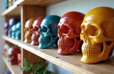 Colorful ceramic skulls arranged on wooden shelves in a decorative display