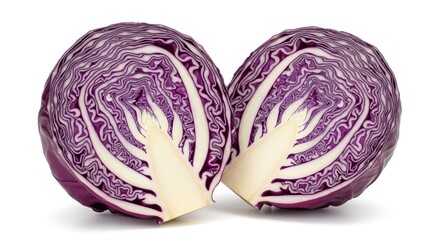 Two halves of a fresh red cabbage isolated on white background