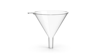 Clear glass funnel for liquid transfer isolated on white background, perfect for laboratory use