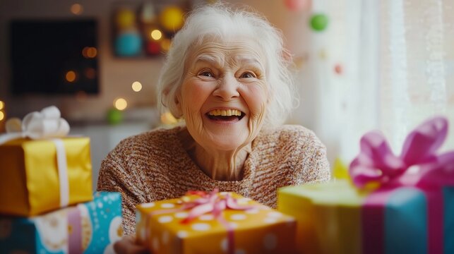 An older woman holding present. Woman is virtual birthday video of a woman. A party online with gifts loved by one. A mature woman carrying a lifestyle gift.