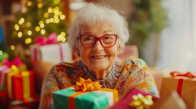 An older woman holding present. Woman is virtual birthday video of a woman. A party online with gifts loved by one. A mature woman lifestyle carrying a gift. - Powered by Adobe