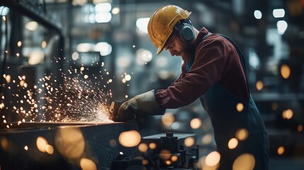Man grinding metal on machine. Video of manufacturing facility with grinder in the shape of realistic. Field of a shallow depth of a refined material. A man using a machine to grind metal lifestyle.