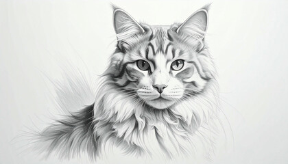 A detailed pencil drawing of a majestic Maine Coon cat, facing forward with attentive eyes.