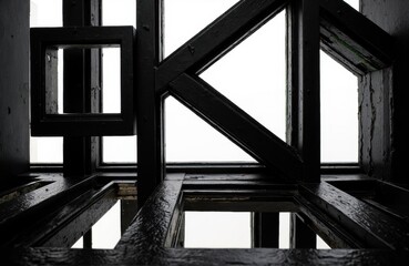Abstract black wooden geometric structures with contrasting light background creating a modern architectural pattern