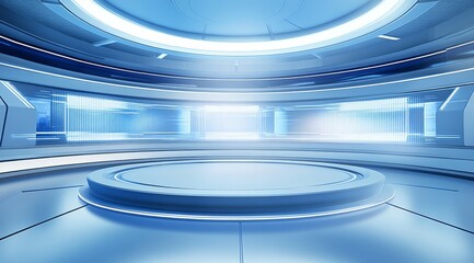 Obraz premium Futuristic Studio Set with Circular Platform and Blue Lighting