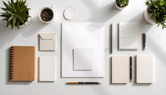 Modern minimalist workspace with stationery, plants, and coffee.