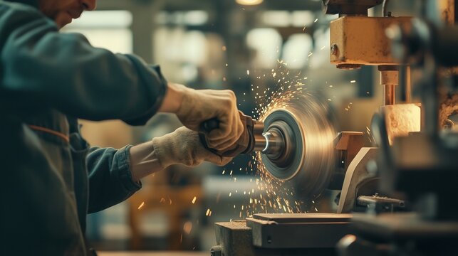 Man grinding metal on machine. Video of manufacturing facility with grinder in the shape of realistic. Field of a shallow depth of a refined material. A man using a machine lifestyle to grind metal. - Powered by Adobe