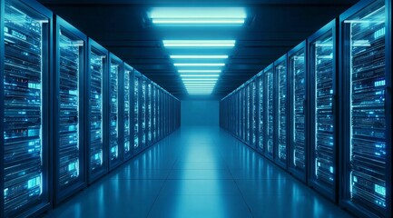 Fototapeta premium Modern Data Center with Rows of Server Racks Illuminated by Blue Light