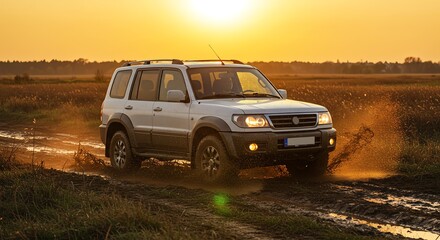 Fototapeta premium SUV driving through muddy puddle at sunset