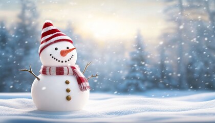 Obraz premium Charming snowman wearing a colorful striped hat and scarf, surrounded by a serene winter wonderland.