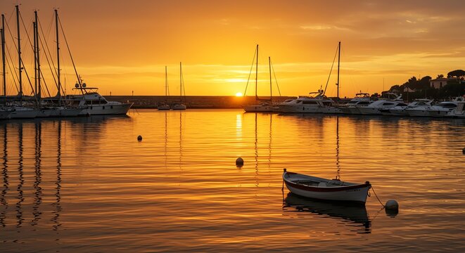 Sunset over harbor with sailboats and reflections