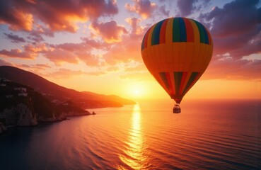 Obraz premium A colorful hot air balloon floats over a calm ocean during a vibrant sunset scene