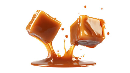 Obraz premium Golden caramel squares dripping isolated on a transparent background