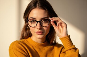 Woman adjusting her glasses with a confident expression wearing a mustard yellow sweater
