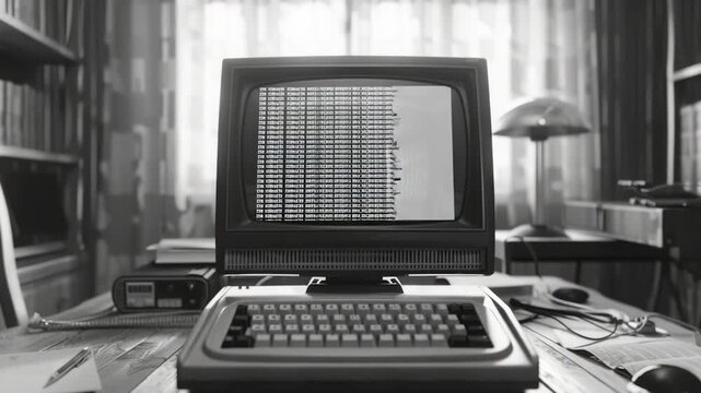 An old computer sits on top of a wooden desk, with wires and cords visible