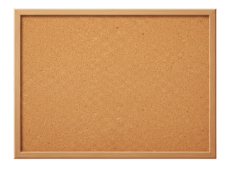 A clean cork board with a wooden frame on a white background. The surface has a rough, granular texture and is ready for use. Isolated transparent background ( cut-out PNG file ).