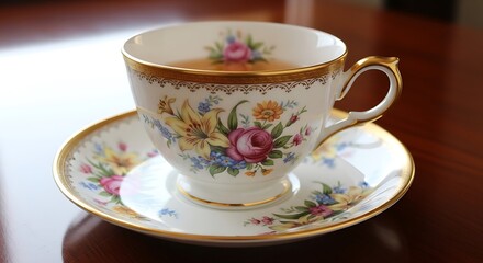 Fototapeta premium Delicate Floral Teacup and Saucer with Gold Accents