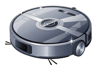 Fototapeta premium A futuristic robotic vacuum cleaner with a sleek, metallic finish. The device has a circular body with a power button and two wheels. Isolated transparent background ( cut-out PNG file ).
