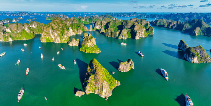 Aerial view of landscape Halong Bay, Vietnam view from adove. This is the UNESCO World Heritage Site, it is a beautiful natural wonder in northern Vietnam