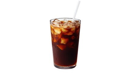 Iced coffee with straw and ice cubes isolated on a transparent background