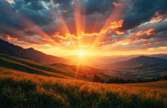 Sunset over rolling hills with vibrant sky and dramatic clouds creating a warm glow