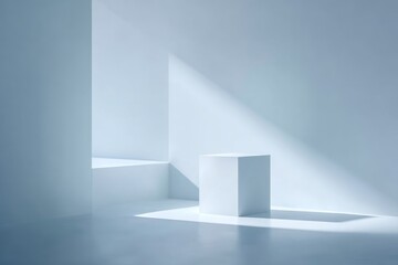 Minimalist White Room with Geometric Shapes and Soft Lighting