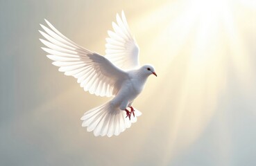 Obraz premium A white dove in flight with sunlight shining behind it creating a peaceful and uplifting scene