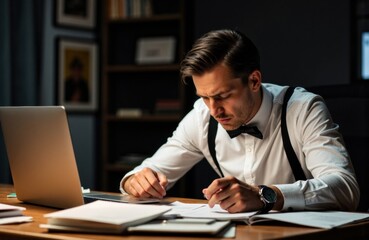 Businessman working late at night with documents and laptop in a modern office setting