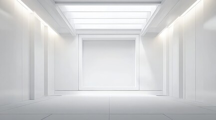 Minimalist White Corridor with Recessed Lighting and Symmetrical Design