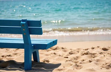 Fototapeta premium A blue wooden bench sits on sandy beach near calm ocean water with gentle waves
