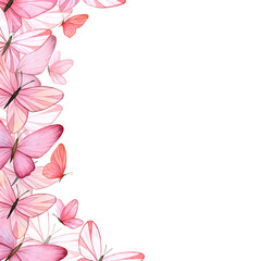 A frame with delicate pink butterflies. Hand-painted watercolor illustration. Isolated on a white background. For spring and summer designs, invitations, greeting cards, postcards, packaging.