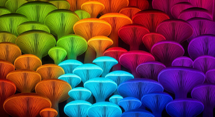 Obraz premium Rainbow Mushrooms with Vibrant Spectrum, Fungi Grouping, Glowing Texture, Natural Art
