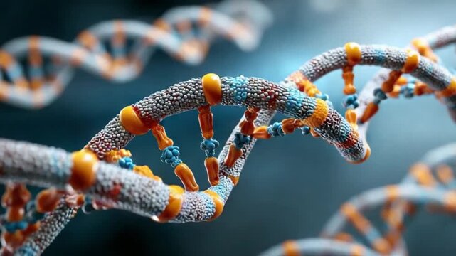 DNA Helix: A mesmerizing close-up of a detailed DNA helix, showcasing the beauty and complexity of the fundamental building block of life. A fusion of science and art.