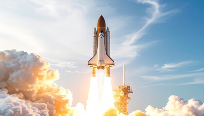A space shuttle launching, with fire, smoke, and clouds against a blue sky. The moment of liftoff, symbolizing progress and adventure