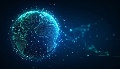 Fototapeta premium A captivating digital representation of planet Earth, showcasing its intricate network of connections and data flow. The image features glowing lines and dots against a dark background.