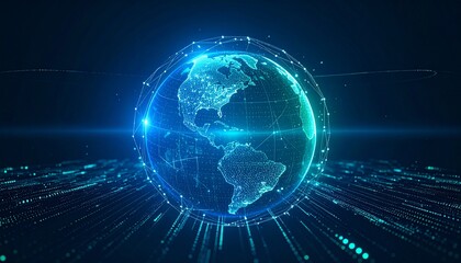 Obraz premium A digitally rendered Earth globe with vibrant blue and green tones, symbolizing the interconnectedness of the digital world. The globe is surrounded by a network of interconnected lines and points.