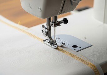 Sewing Machine Stitching Yellow Thread on Fabric, Closeup Detail of Needle and Material