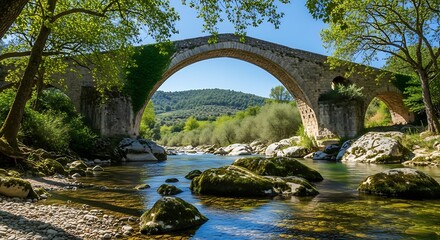 Stone arch bridge with river, and green landscape.