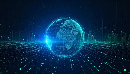 Digital representation of planet earth, showcasing global interconnectedness, data flow, and technological advancements.