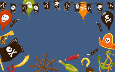 Pirate frame. Hook, anchor, flag, steering wheel, balloons, garland. Vector cartoon illustration with copy space for kids party invitation, horizontal banner, greeting card