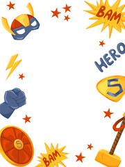 Hero birthday frame. Shield, hammer, stars. Vector cartoon illustration with copy space for kids party invitation, vertical banner, greeting card. Clipping mask for easy editing
