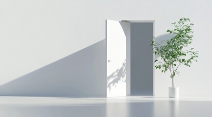 Minimalist Interior Scene with Open Door and Potted Plant
