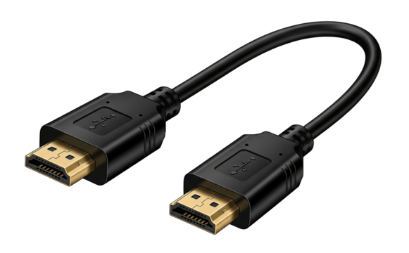 A curved black HDMI cable with gold-plated connectors on both ends. Isolated transparent background ( cut-out PNG file ).