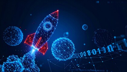 A digital rocket launching with a futuristic design on a dark blue background. The scene portrays the concept of innovation, technology, and progress