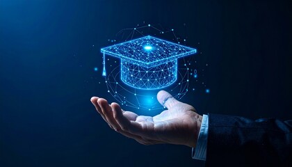 A digital representation of a graduation cap floating above a hand, symbolizing education and learning. The cap is illuminated with a network of lines and dots, indicating technology and knowledge