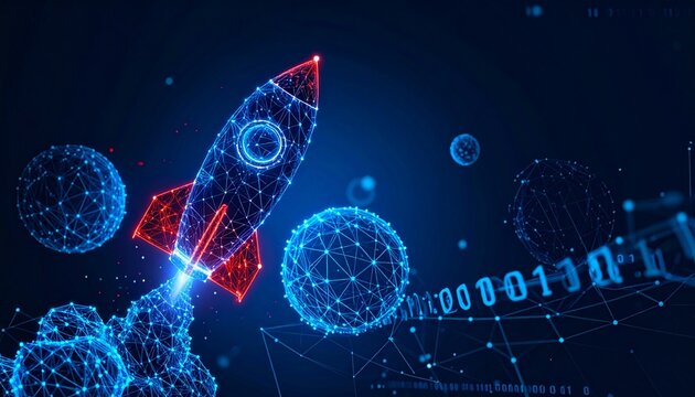 A digital rocket launching with a futuristic design on a dark blue background. The scene portrays the concept of innovation, technology, and progress