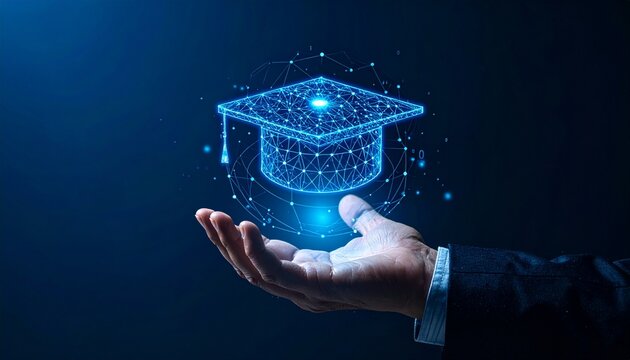 A digital representation of a graduation cap floating above a hand, symbolizing education and learning. The cap is illuminated with a network of lines and dots, indicating technology and knowledge