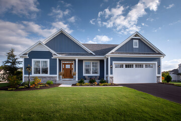 Single-Level Home with Blue Exterior and White Trim