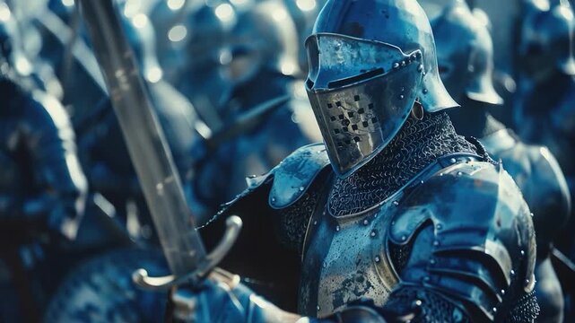Medieval knight holds sword in front of a crowd, ready for battle or ceremony
